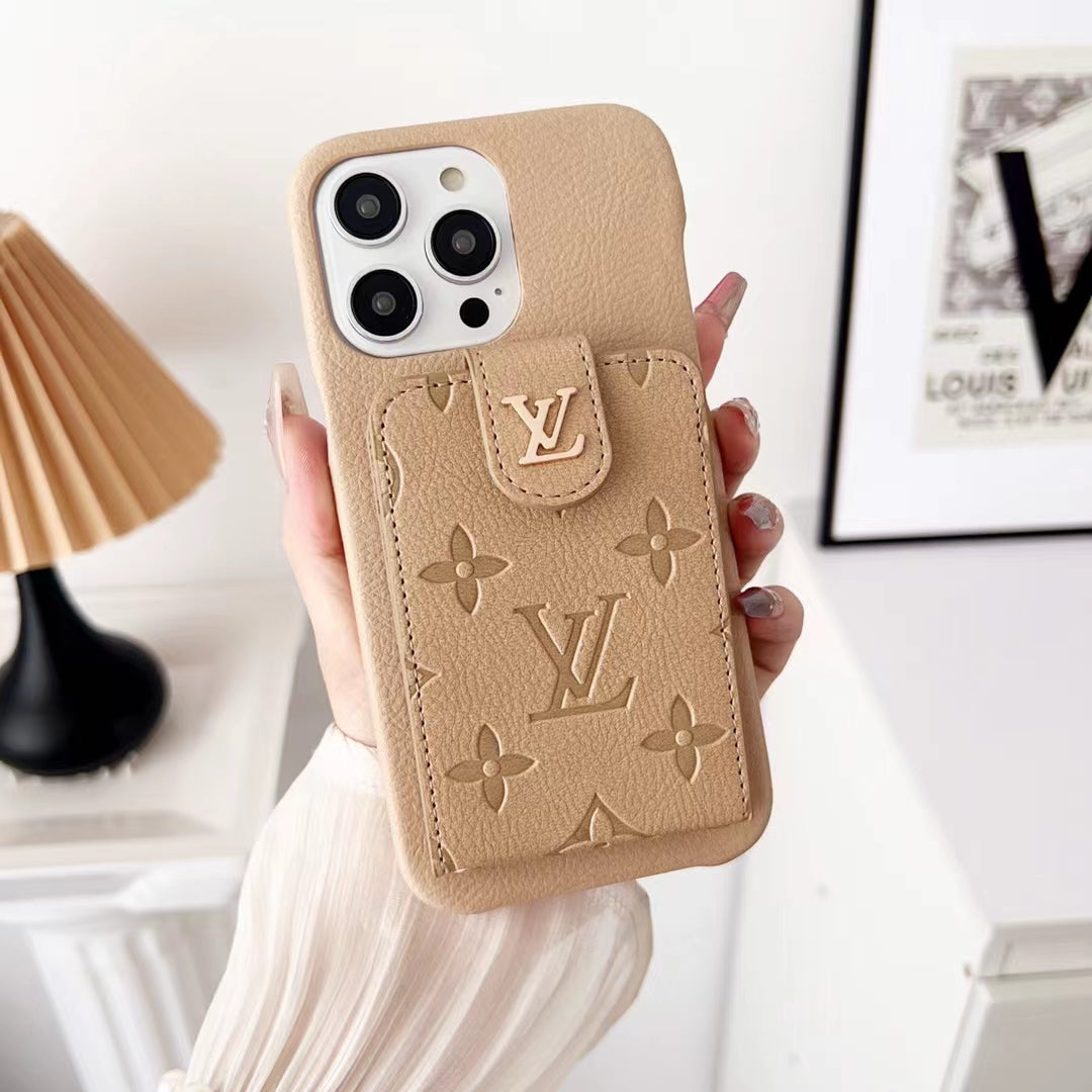 beige louis vuitton phone case with card holder
